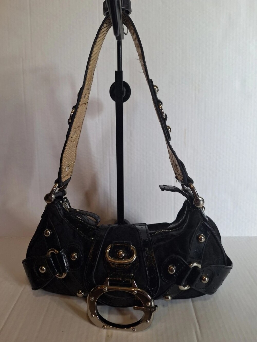 Y2K Guess Black Monogram Stud Chunky  Bag Faux Ostrich Leopard Print Lining RARE
